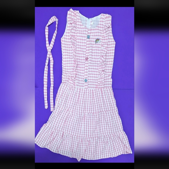 Girls Pink Cotton Chex 3T-11 Yrs Pleated Easter Unicorn Casual Dress Knee Length - Picture 1 of 1